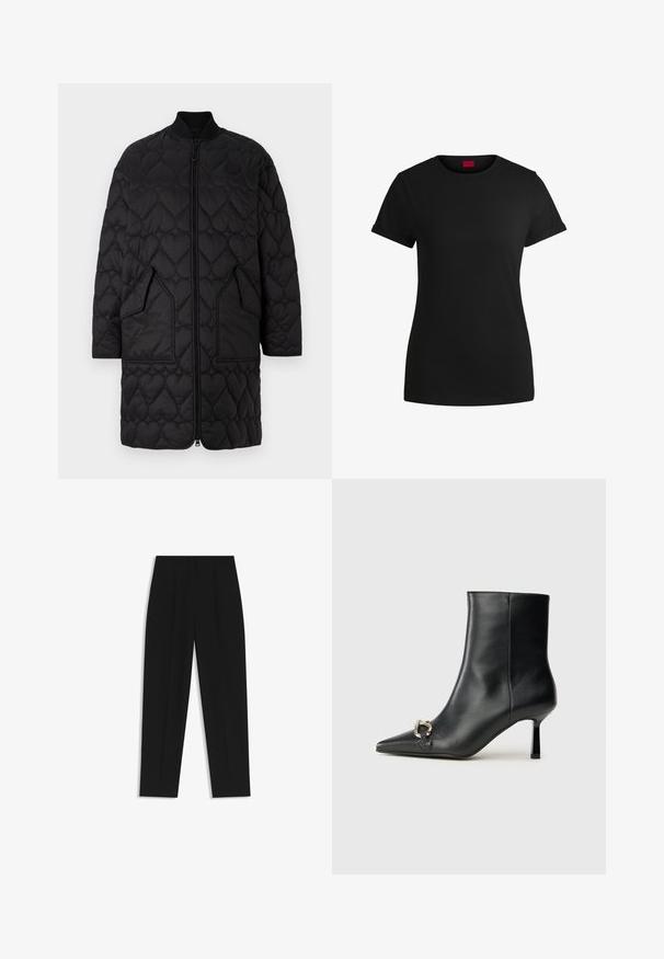 Sort quilteret jakke med hjerteformede mønstre, lynlås foran, ribbet krave og to skrå lommer. Glat finish med quiltede detaljer.; Sort bomulds T-shirt med korte opklappede ærmer, rund halsudskæring og et rødt mærke. Glat tekstur, tætsiddende form med minimal detaljer.; Sorte bukser med lige pasform, der har dobbelte folder, en glat tekstur og et klassisk taljedesign. Ingen synlige hardware eller accenter.; Sort læder ankelstøvle med spidse tæer, slank hæl i mellemhøjde og sølvspænde detaljer på siden mod en ensfarvet baggrund.