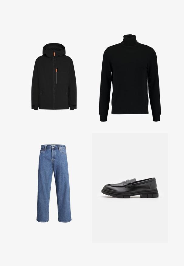 Giacca impermeabile nera con cappuccio, dotata di zip arancioni, molteplici tasche e polsini regolabili. Texture liscia e design semplice.; Maglione a collo alto nero realizzato in morbido materiale knit. Presenta maniche lunghe, colletto e orlo a costine. Design semplice e lineare senza motivi.; Jeans in denim blu chiaro con una vestibilità dritta, vita alta e dettagli di cucitura minimi. Il tessuto ha una texture morbida e leggermente sbiadita.; Mocassini in pelle nera con finitura liscia, dotati di un dettaglio di cinturino anteriore e di una suola in gomma spessa con accenti scanalati.