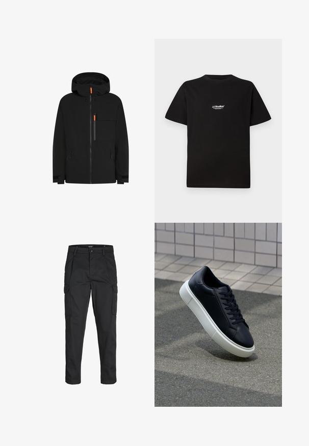 Black waterproof jacket with a hood, featuring orange zipper pulls, multiple pockets, and adjustable cuffs. Smooth texture and simple design.; Black cotton t-shirt with a round neckline and short sleeves. Features a white "JJ Studios" logo on the upper chest area.; Black cargo pants made of sturdy fabric, featuring multiple pockets, a button closure, and a slim fit design with tapered legs.; Black leather sneaker with rounded toe and white rubber sole. Features flat laces and minimal stitching on the upper. Textured sole for grip.