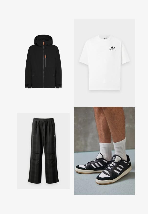 Sort vandtæt jakke med hætte, udstyret med orange lynlåse, flere lommer og justerbare manchetter. Glat tekstur og enkelt design.; Hvid bomulds t-shirt med korte ærmer, der har et sort "BASKETBALL" logo og det ikoniske tre-stribes design på forsiden.; Sorte ternede bukser med elastisk talje, to forlommer og en løs pasform med lige ben. Fremstillet af letvægtsmateriale.; Sorte og hvide sneakers med en overdel i ruskind og læder, der har tre hvide striber, en perforeret tå og en sål i gummigummi.