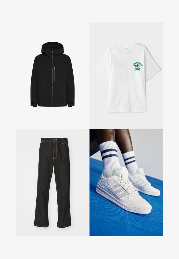 Sort vandtæt jakke med hætte, udstyret med orange lynlåse, flere lommer og justerbare manchetter. Glat tekstur og enkelt design.; Hvid bomulds t-shirt med en grøn og rød grafisk tekst på venstre bryst, der står "cashart Who Pronto Subito." Korte ærmer.; Sorte denimjeans med løs pasform, der har kontrasterende hvid syning, en knaplukning og et lige ben-design.; Hvide læder sneakers med perforerede detaljer, tre metalliske striber og en struktureret sidepanel. Båret med hvide sokker med blå striber.