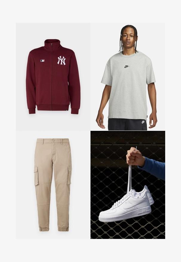 '47 NEW YORK YANKEES JACKET - Trainingsvest - dark maroon; Jong persoon met gevlochten haar, gekleed in een lichtgrijs Nike T-shirt en zwarte Nike shorts tegen een effen witte achtergrond.; Beige cargobroek van lichtgewicht katoenen materiaal. Kenmerkend zijn de elastische boorden, meerdere zijzakken en een knoopsluiting.; Witte leren sneakers met perforaties, ronde neus, vlakke zool en dikke veters, met een zichtbare swoosh-logo en "AIR" op de hiel.
