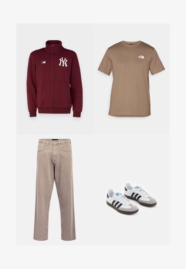 '47 NEW YORK YANKEES JACKET - Træningsjakke - dark maroon; Brun kortærmet T-shirt lavet af bomuld med ribbet rund hals. Har et lille hvidt logo på venstre brystområde.; Lyse beige jeans med lige ben, en let falmet tekstur, design med fem lommer og lukning med metalknap. Fremtrædende syningsdetaljer.; Sportsko med en overdel i hvid læder, grå ruskind på tåen og tre sorte striber. Har et blåt logo på tungen og en struktureret gummisål.