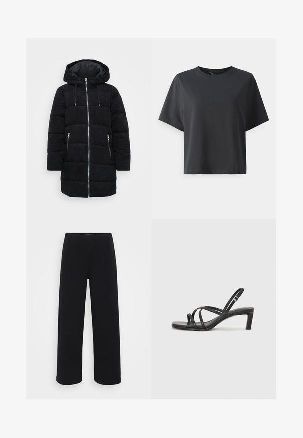 Jachetă puffer neagră cu glugă, având un material texturat, un fermoar frontal și două buzunare laterale. Croi normal cu secțiuni căptușite.; Tricou negru din bumbac, mâneci scurte, guler rotund, croială lejeră, textură netedă, design simplu, fără modele sau accente.; Pantaloni negri cu picior larg, având un baret elastic. Confecționați dintr-un material texturat, cu un croi lejer și linie dreaptă de la șolduri până la tiv.; Sandal cu barete negre, cu vârf pătrat și toc mic de bloc. Prezintă mai multe barete subțiri și o bareta ajustabilă la gleznă. Fabricat din piele netedă.