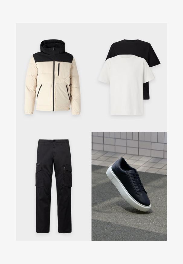 Pufferjack met een crèmekleurig lichaam en zwarte bovenkant, ritssluiting, twee voorzakken met rits en een capuchon, met gestikte textuur.; Katoenen T-shirt set met een zwarte top en een witte top, beide met korte mouwen, ronde hals en een standaard pasvorm. Textuurstof.; Zwarte cargobroek met meerdere zakken, een ritszak op de dij, rechte pasvorm en stevige katoen met een subtiele glans.; Zwarte leren sneaker met een ronde neus en een witte rubberen zool. Voorzien van platte veters en minimale stiksels op het bovenwerk. Textuurrijke zool voor grip.