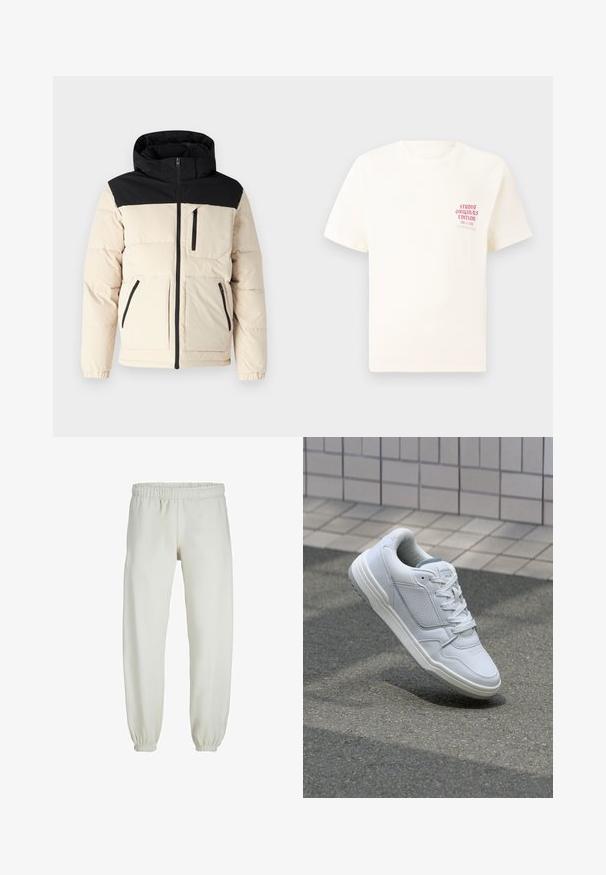Pufferjack met een crèmekleurig lichaam en zwarte bovenkant, ritssluiting, twee voorzakken met rits en een capuchon, met gestikte textuur.; Witte T-shirt met korte mouwen met rode tekst "Studio Originals Edition" op de linker borst, weergegeven op een neutrale grijze achtergrond.; Witte sweatpants gemaakt van zachte stof, met een elastische tailleband en boorden, een gladde textuur en een losvallend ontwerp.; Witte lederen sneaker met geperforeerde zijkanten, gestructureerde accenten, platte veters en een contrasterende grijze hiel. Voorzien van een iets verhoogde zool.