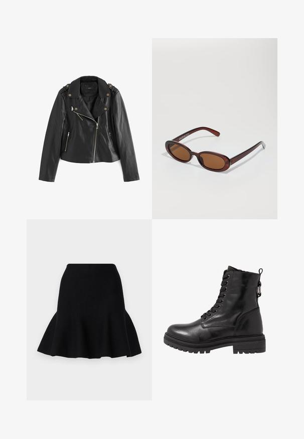 Next BIKER - Giacca in similpelle - black; Maglione a collo alto di colore nero realizzato in morbido tessuto a maglia. Presenta maniche lunghe e un design aderente con orlo diritto.; Gonna nera svasata realizzata in tessuto morbido. Presenta una vita adatta e un orlo ondulato, creando un aspetto a strati.; Stivale in pelle nera alla caviglia con punta tonda, chiusura con lacci frontale e suola in gomma testurizzata. Presenta una fettuccia sul retro e cuciture rinforzate.; Occhiali da sole rotondi con tonalità marrone, montatura lucida color bordeaux. Aste sottili con un sottile dettaglio del marchio. Design delle lenti piatte.