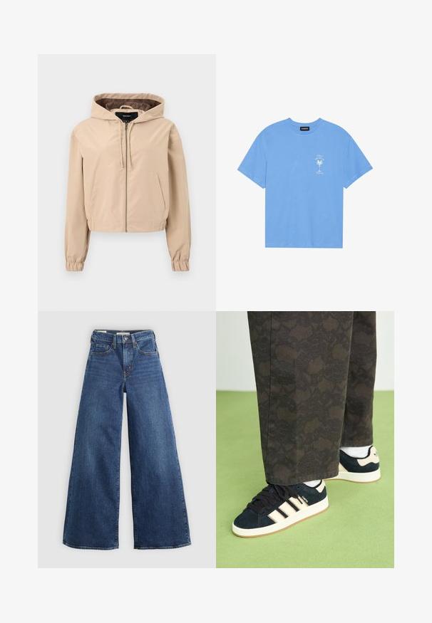 Kratīts beidzis beidzināts jakas, izgatavots no gludas, vieglas materiāla. Ietver kapuci, rāvējslēdzēja aizdari un elastīgas aproces. Divas priekšējās kabatas.; Gaiši zila kokvilnas T-kreklu ar apaļu apkakli. Kreklam ir balta grafika ar palmu un tekstu kreisajā krūtīs. Īsas piedurknes.; Platas kājas zilo džinsu bikses ar piecām kabatām, pogu aizdari un kontrastējošu šuvumu, ar mīkstu un teksturētu apdari.; Melna un rakstaina bikses, kas saskaņotas ar tumši ziliem zamšādas sporta apaviem ar krēma krāsas svītrām un baltām zolem. Virsmas ir tekstūras un plakanas.