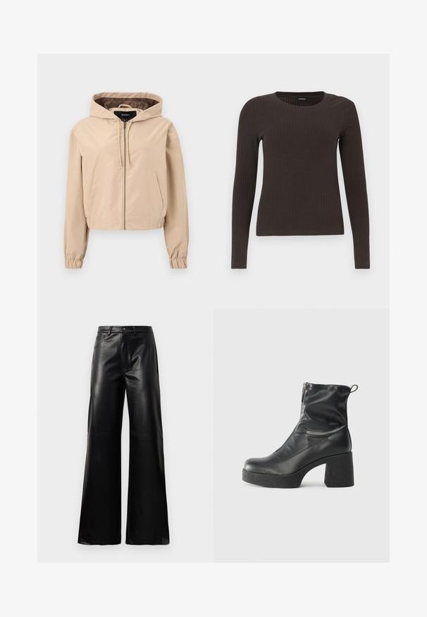 Cropped beige jacket made of a smooth, lightweight material. Features a hood, zip closure, and elastic wrist cuffs. Two front pockets.; Brown, long-sleeve ribbed top with a crew neckline. Made from a smooth, stretchy material, featuring a fitted silhouette and minimal detailing.; Black high-waist wide-leg faux leather pants with front button, zip closure, belt loops, and side pockets on white background.; Black ankle boots made of smooth leather, featuring a side zipper, chunky textured heel, and rounded toe design.