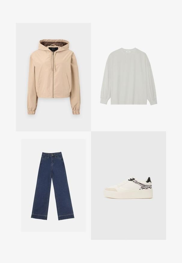 Cropped beige jacket made of a smooth, lightweight material. Features a hood, zip closure, and elastic wrist cuffs. Two front pockets.; Light gray long-sleeve t-shirt made of soft cotton. Features a loose fit, round neckline, and gently gathered cuffs. No patterns or graphics.; Wide-leg jeans in dark blue denim. Features five pockets, belt loops, and a raw hem at the bottom with visible stitching details.; Even&Odd Trainers - white/black