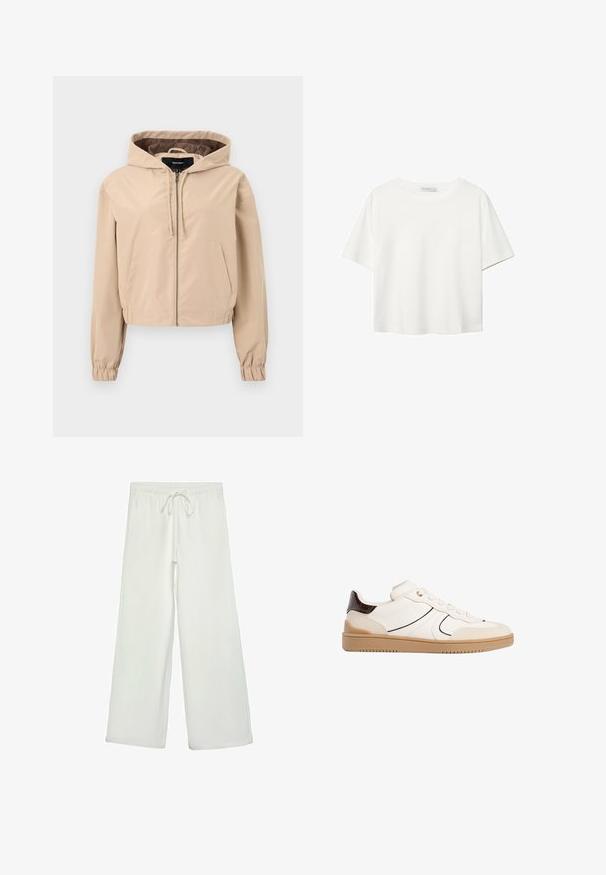 Oříznutá béžová bunda vyrobená z hladkého, lehkého materiálu. Má kapuci, zipové zapínání a elastické manžety na rukávech. Dvě přední kapsy.; Bílý krátký rukáv tričko vyrobené z bavlny. Má kulatý výstřih a volný střih. Hladký materiál bez viditelných vzorů nebo akcentů.; Bílé kalhoty s širokými nohavicemi vyrobené z měkké tkaniny. Mají elastický pas se stahovací šňůrkou a hladkou strukturu. Žádné viditelné vzory ani kovové prvky.; Stradivarius Tenisky - white
