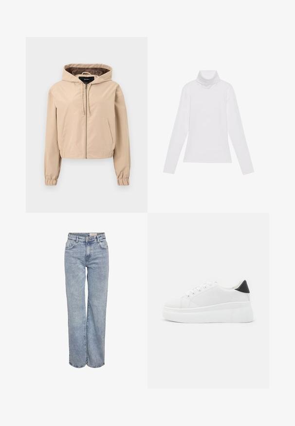 Rövid bézs dzseki sima, könnyű anyagból. Kapucnija, cipzáras záródása és rugalmas csuklórészei vannak. Két első zsebével.; Fehér, hosszú ujjú, garbónyakú felső sima, rugalmas anyagból készült. Magas nyakkal és testhezálló fazonnal rendelkezik, látható minták vagy díszítések nélkül.; Világoskék, bő szárú farmernadrág, magas derékkal, öt zsebes kialakítással és finom kopással, amely megadja a viselt megjelenést.; Fehér platform sportcipők sima szintetikus anyagból, lekerekített orral, fűzős kialakítással és texturált gumitalppal. Fekete sarokdísz.