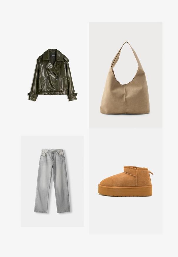 Afskåret mørkegrøn læderjakke med dobbeltradet design, store klapper og to forlommer. Har justerbare manchetter og et bælte.; Hvid kortærmet bluse med lodrette og chevron-striber, der har en lynlås foran, spidse kraver og to forlommer.; Lys grå denim jeans med lige pasform, der har to frontlommer, en knappelukning og diskrete slidser for tekstur.; Brune suede ankelstøvler med en rund tå, lav skæring, og en tekstureret gummisål med en lille platform og et hængsel.; Hobo taske i blød beige ruskind med en afslappet form, bred skulderrem og håndsyet sømdetalje langs fronten.