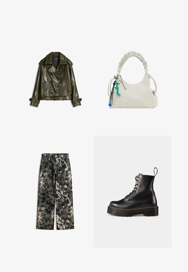 Przycięta, ciemnozielona skórzana kurtka o podwójnym zapięciu, z dużymi klapami i dwiema przednimi kieszeniami. Posiada regulowane mankiety i pasek.; Trzy bluzki z długim rękawem w kolorze jasnoniebieskim, czarnym i białym. Projekt ma okrągły dekolt i miękką, lekką teksturę materiału.; Spodnie o średniej długości z szerokimi nogawkami w teksturowany czarno-biały wzór kwiatowy na szarym tle, z klasycznym pasem w talii i kieszeniami z przodu.; Czarne skórzane buty za kostkę z sznurówkami, z masywną czarną podeszwą i żółtym przeszyciem. Posiadają pętelkę z tyłu oraz okrągłe metalowe oczka.; Niemrawa torebka z sztucznej skóry w kolorze off-white z marszczonym uchwytem, zamkiem błyskawicznym oraz zielonym charms. Gładka tekstura, dyskretny wytłoczony logo i elegancki design.