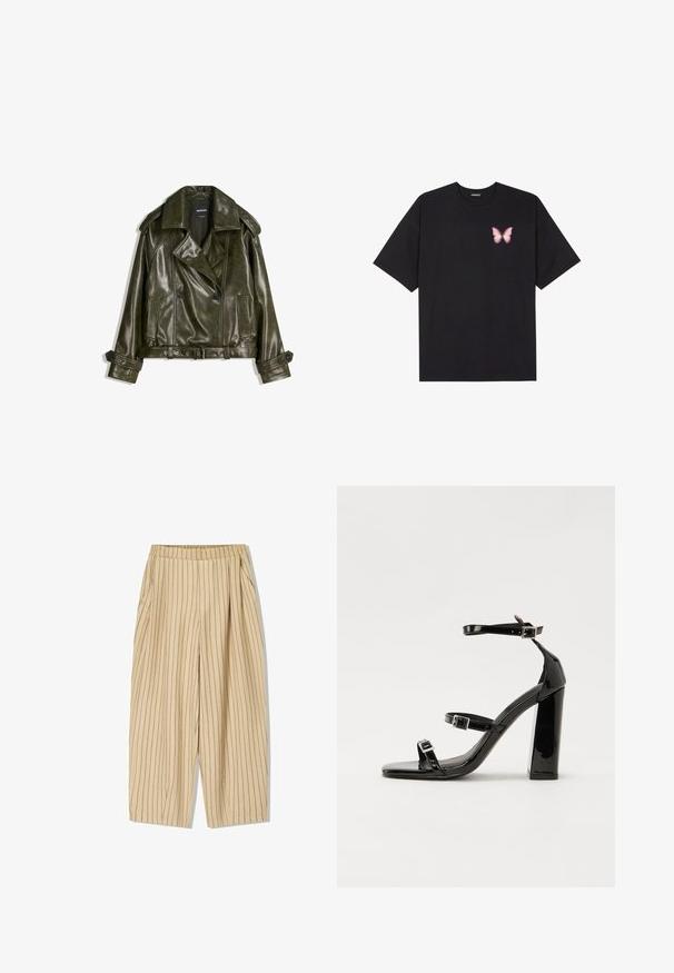 Gekürzte dunkelgrüne Lederjacke mit einem doppelt geknöpften Design, großen Revers und zwei Fronttaschen. Verfügt über verstellbare Manschetten und einen Gürtel.; Schwarzes Baumwoll-T-Shirt mit kurzen Ärmeln, das ein kleines pinkes Schmetterlingsmotiv auf der linken Brust zeigt. Crewneck-Design mit einem entspannten Schnitt.; Beige gestreifte Hosen mit elastischem Bund, zwei Seitentaschen, lockerer Passform und vertikalen schwarzen Nadelstreifen als Detail.; Schwarze patentierte Sandalen mit Absatz, quadratischer Spitze, Knöchelriemen und silbernen Schnallen. Mit einem stabilen Blockabsatz für mehr Stabilität.
