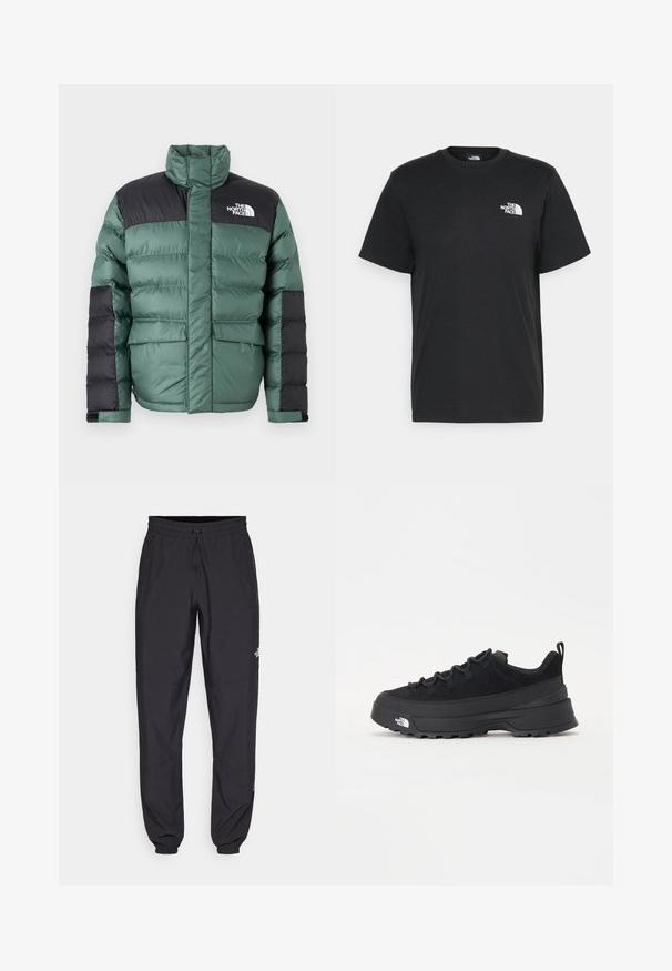 Sötétzöld puffasztott kabát fekete díszítésekkel. Magas gallérral, steppelt dizájnnal, két elülső zsebbel és logóval a bal felső oldalon.; Fekete pamut póló, rövid ujjú, kerek nyakkivágással és egy kis fehér logóval a bal mellrészen. Egyszerű dizájn, sima textúra és laza fazon.; Fekete sportnadrág, könnyű anyagból készült, húzózsinóros derékkal, oldalsó zsebekkel és szűkített szárakkal a bokáknál.; Fekete kültéri sneaker velúr felsőrésszel, texturált gumitalppal és strapabíró fűzőrendszerrel. Megerősített sarkú és oldalán márkalogóval rendelkezik.