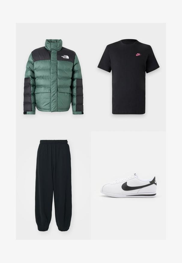 Puffer jacket in dark green with black accents. Features a high collar, quilted design, two front pockets, and logo on the upper left side.; Black cotton t-shirt with a round neckline and short sleeves. Features a pink Nike logo on the upper left side. Smooth texture.; Black, elasticated-waist sweatpants with a loose fit, cuffed ankles, smooth texture, and no visible patterns or hardware accents.; White leather sneakers with black Nike swoosh, flat laces, and textured rubber sole. Rounded toe and padded collar for comfort.