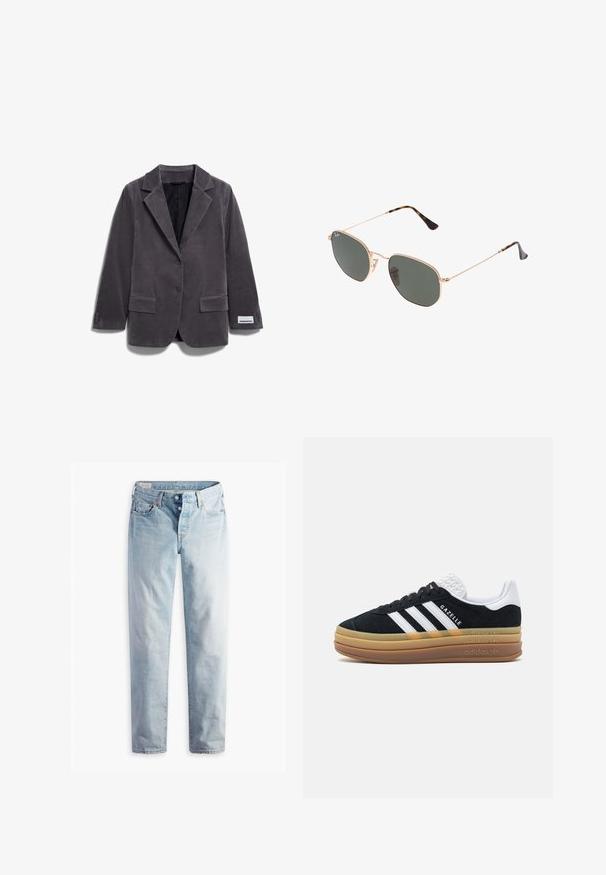 Grijze ribfluweel blazer met een notch lapel, twee voorkuiten, sluiting met één knoop en een label op de mouw. Gestructureerde stof en perfect passende snit.; Grijze trui met een ronde hals, lange mouwen en geribbelde manchetten. De stof lijkt zacht met een lichte textuur en een iets losse pasvorm.; Lichtblauwe denim jeans met een rechte pijp, twee voorzakken en twee achterzakken. Inclusief een dubbele knoopsluiting en subtiele stiksels.; Zwarte suède sneakers met witte accenten en drie stripes, voorzien van een gestructureerde witte hiel, rubberen zool en 'Gazelle' branding.; Gouden metalen zonnebril met donkergroene lenzen, aviator-stijl, met slanke scharnieren en schildpad-accenten op de uiteinden.; Suède bruine schoudertas met een gebogen vorm, contrasterende stiksels, gouden hardware accenten en een ritsvak aan de voorkant.