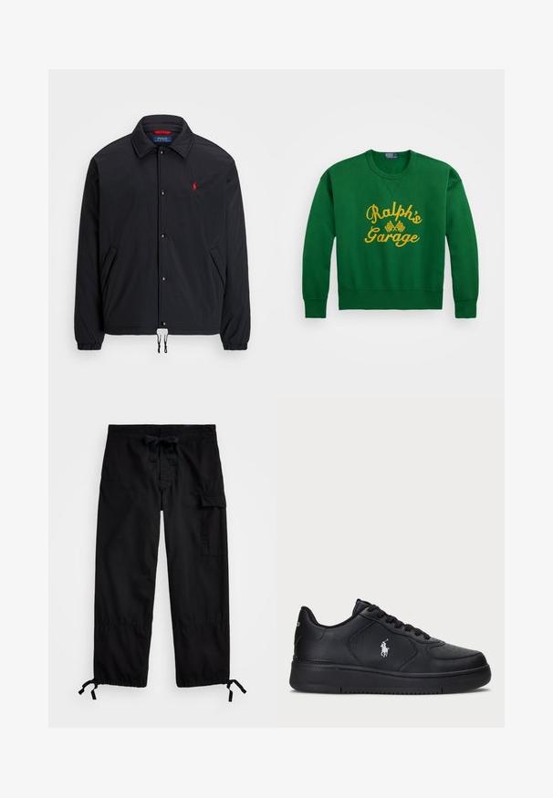 Casaco leve preto com colarinho, fecho de botão de pressão, dois bolsos laterais, bainha com cordão e um logótipo vermelho no peito.; Sweat-shirt verde com decote redondo, apresentando texto amarelo bordado "Ralph’s Garage" e detalhes de bandeira quadriculada. Material em mistura de algodão.; Calças cargo pretas com cintura elástica e cordão. Apresentam bolsos laterais e punhos ajustáveis com cordões. Feitas de um tecido leve.; Sapatilhas pretas em couro com um design perfurado, fecho de atacadores plano e um logótipo bordado branco de lado. Sola grossa em borracha preta.