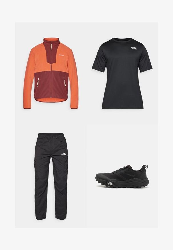 Giacca in fleece arancione e bordeaux, con chiusura frontale zip, colletto alto e due tasche laterali con linguette di estrazione.; T-shirt nero a maniche corte realizzato in tessuto leggero e traspirante. Presenta un logo bianco sul lato sinistro del petto e un collo a giro.; Pantaloni cargo neri realizzati in tessuto leggero. Presentano tasche laterali con zip e un logo sulla coscia sinistra. Design a gamba dritta.; Scarpa da trail running nera con tomaia texture, suola in gomma e punta rinforzata. Presenta un collare imbottito e un tassello per un indossamento facile.