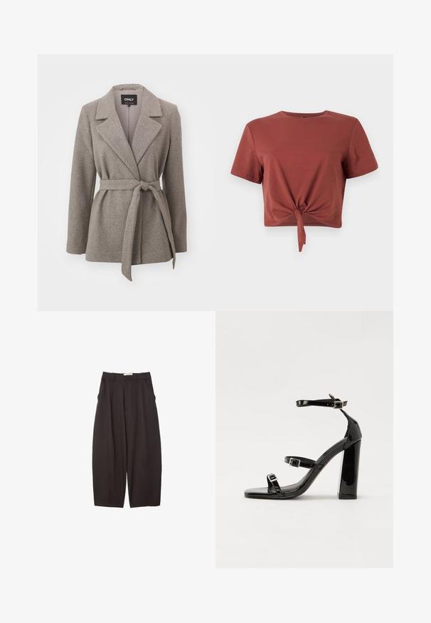 Harmaa vyöllä varustettu bleiseri, joka on valmistettu teksturoidusta kankaasta. Siinä on lovettu kaulus, pitkät hihat ja sidottava vyötärö räätälöityä istuvuutta varten.; Rusto-sävyinen lyhythihainen crop-top, joka on valmistettu pehmeästä puuvillasta ja jossa on solmittu etuosa. Sujuva pinta, pyöreä pääntie.; Mustat leveälahkeiset housut, jotka on valmistettu sileästä kankaasta. Niissä on korkea vyötärö, etupleatsit ja sivutaskut. Yksinkertainen muotoilu ilman koristeita.; Musta kiiltävä korkokenkä sandaalit neliönmuotoisella varpaalla, nilkkaremmillä ja hopeisilla soljilla. Varustettu tukevalla lohkokorkealla vakauden takaamiseksi.
