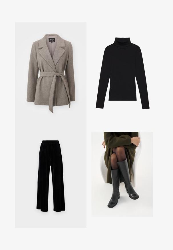 Sivý blejzer s opaskom vyrobený z textúrovanej látky, so zaobleným golierom, dlhými rukávmi a viazaným pásom pre prispôsobený strih.; Čierny rolák s dlhým rukávom, vyrobený z rebrovanej tkaniny, má priliehavý strih s vysokým golierom a bez vzorov alebo akcentov.; Čierne široké nohavice zo soft velvetu, s elastickým pásom a hladkou textúrou, bez viditeľných detailov alebo vzorov.; Čierne kožené čižmy po kolená so štvrtým prstom a blokovým opätkom, zobrazené s modelom sediacim v olivovo zelenej bunde. Hladká textúra, minimálne detaily.