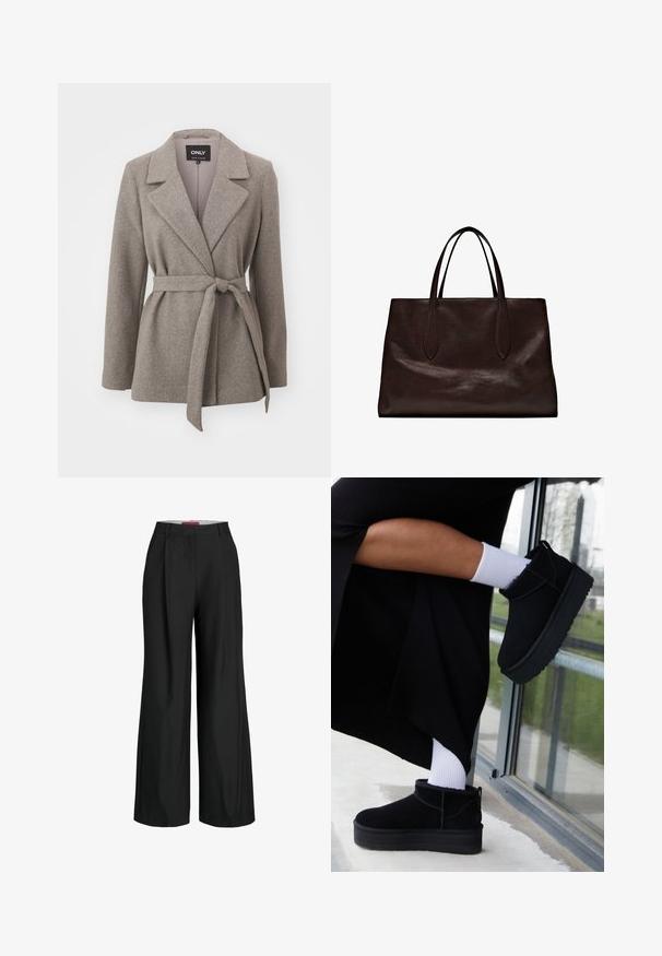 Grijze blazer met ceintuur, gemaakt van gestructureerde stof, met een reverskraag, lange mouwen en een geknoopte taille voor een getailleerde pasvorm.; Intimissimi CHRISTMAS - Longsleeve - black; Zwarte wijde broek met een tailored design, met plooien en een gladde stoftextuur. Strakke lijnen en geen zichtbare hardware of accenten.; Zwarte suède enkellaarsjes met een platte zool, voorzien van een achterste lus, gedragen met witte enkelsokken tegen een minimalistische achtergrond.; Massimo Dutti Handtas - brown