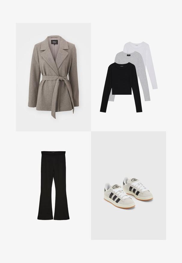 Gray belted blazer made of textured fabric, featuring a notched collar, long sleeves, and a tied waist for a tailored fit.; Three long-sleeve tops stacked: black, grey, and white. Each has a round neckline and a cropped design with smooth, lightweight fabric.; Black flare leggings made from stretchy fabric. Features a wide waistband and a smooth texture, with a fitted silhouette that flares at the hem.; Gray suede sneakers with white laces, black stripes, and a white rubber sole. Features a circular logo on the tongue and a gum sole.