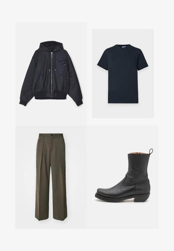 Černá bomber bunda s kapucí a proužkovaným vzorem, s předním zipem, elastickými manžetami a kapsami. Hladká tkanina s prošívanou podšívkou.; Námořnická modrá bavlněná trička, krátké rukávy, kulatý výstřih, obsahuje texturovaný design loga přes hruď v světlejším odstínu.; Filippa K WIDE TROUSERS - Kalhoty - driftwood; Černá kožená kotníková bota s hladkým povrchem, štíhlým profilem, bočním prošíváním a nízkým čtvercovým podpatkem. Obsahuje poutko na zadní straně.
