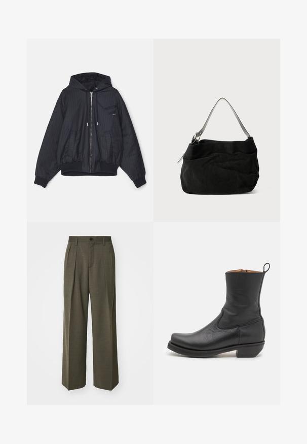 Crna kapuljača bomber jakna s uzorkom prugica, zatvaranje na zip, elastični rukavi i džepovi. Glatka tkanina s podstavom od prešane vate.; Tamno plavi pamučni T-shirt, kratki rukavi, okrugli izrez, s teksturiranim logotipom na prsima u svjetlijoj nijansi.; Filippa K WIDE TROUSERS - Hlače - driftwood; Crna kožna čizma do gležnja s glatkom teksturom, uskim profilom, bočnim šavovima i niskim kvadratnim petama. Ima petlju za nošenje straga.; Crna nubuk torba s mekim, opuštenim dizajnom. Ima tanki, glatki kožni remen za rame i suptilne detalje šivanja.