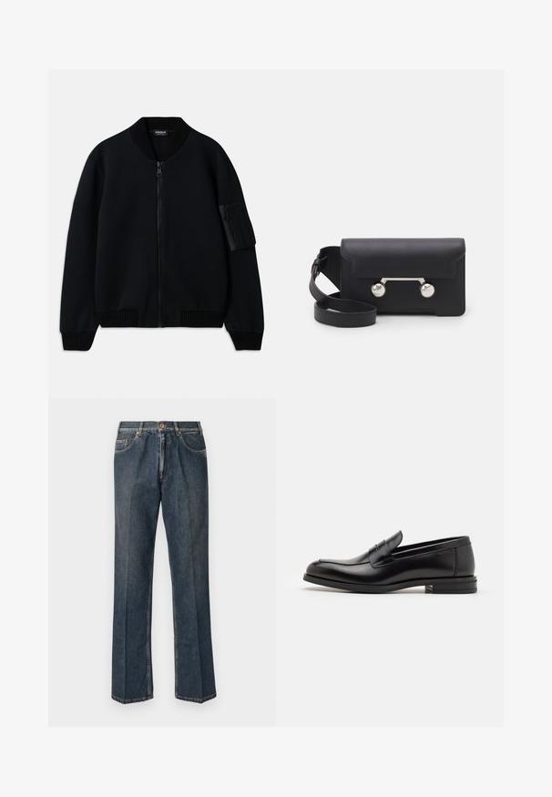 Giacca bomber nera con zip, colletto e polsini a coste, dotata di una tasca con zip sul braccio e una texture liscia.; Maglione lavorato a maglia color crema con colletto polo, polsini e orlo a coste, dotato di patta frontale e texture morbida.; Jeans in denim blu scuro a gamba dritta con bottone frontale, zip, doppie tasche anteriori e pieghe verticali visibili lungo le gambe.; Mocassini neri in pelle con una texture liscia, punta arrotondata e una striscia decorativa sulla tomaia. Tacco basso impilato, design minimalista.; Borsa a tracolla in pelle nera con chiusura a patta, hardware in tonalità argento e due accenti tondi. Dotata di una tracolla removibile. Texture liscia.