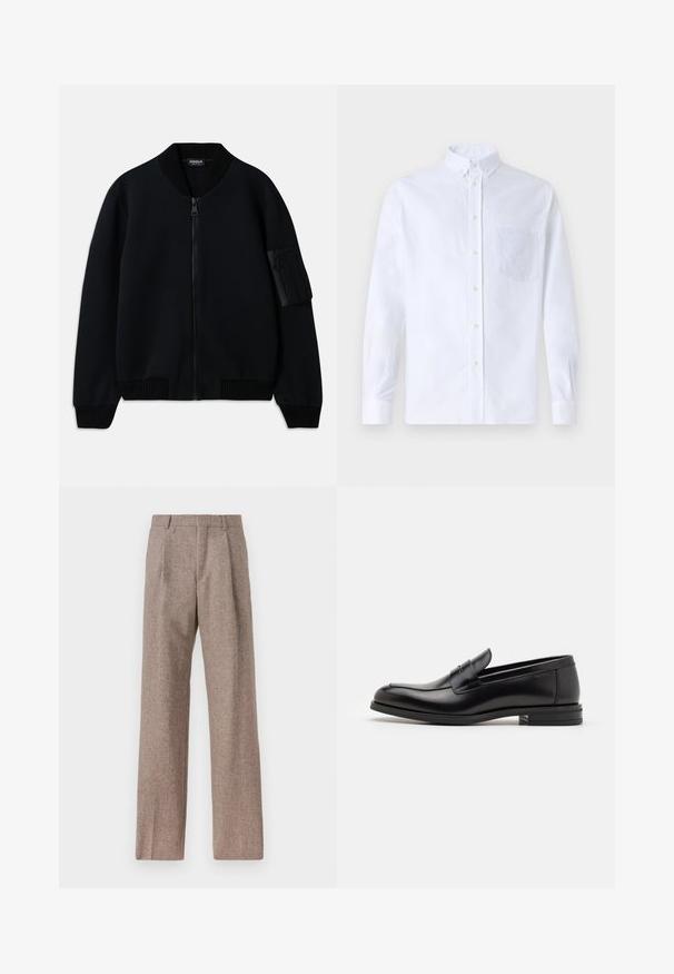 Svart zip-up bomberjacka med ribbat krage och mudd, som har en zippered armficka och en mjuk textur.; Vit långärmad skjorta med knappar, tillverkad av bomull, med en bröstficka med ton-i-ton broderi, krage och knappmanchetter.; Bruna, högmidjade byxor i texturerat tyg. Har vida ben och två framvikningar för struktur. Välavslutad utan synlig hårdvara.; Svarta läderloafers med en slät yta, rund tå och ett dekorativt band över främre delen. Låg staplad klack, minimalistisk design.
