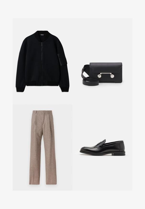 Giacca bomber nera con zip, colletto e polsini a coste, dotata di una tasca con zip sul braccio e una texture liscia.; Camicia bianca a maniche lunghe con bottoni, realizzata in cotone, caratterizzata da una tasca sul petto con ricamo tonale, colletto e polsini con bottoni.; Pantaloni marroni a vita alta realizzati in tessuto testurizzato. Presentano gambe ampie e due pieghe frontali per struttura. Rifinitura curata senza hardware visibile.; Mocassini neri in pelle con una texture liscia, punta arrotondata e una striscia decorativa sulla tomaia. Tacco basso impilato, design minimalista.; Borsa a tracolla in pelle nera con chiusura a patta, hardware in tonalità argento e due accenti tondi. Dotata di una tracolla removibile. Texture liscia.