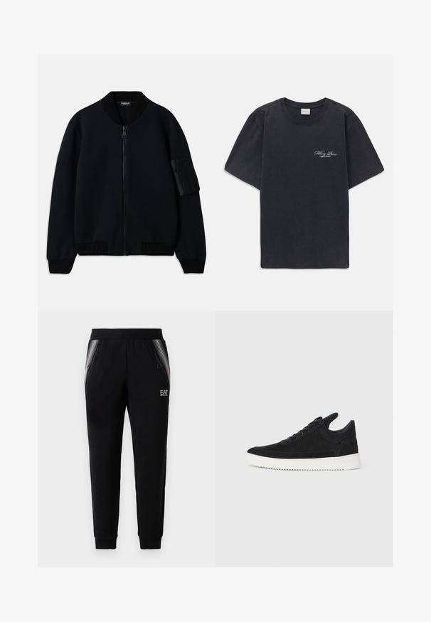 Black zip-up bomber jacket with ribbed collar and cuffs, featuring a zippered arm pocket and a smooth texture.; Black short-sleeve crew neck t-shirt with small white "Filling Pieces" text logo on the left chest.; Black tapered sweatpants with zippered side pockets, striped panel accents, elastic waistband, and EA7 Emporio Armani logo on the right thigh.; Black suede sneaker with a white rubber sole, featuring tonal stitching and lace-up design. Smooth texture with a modern, streamlined shape.