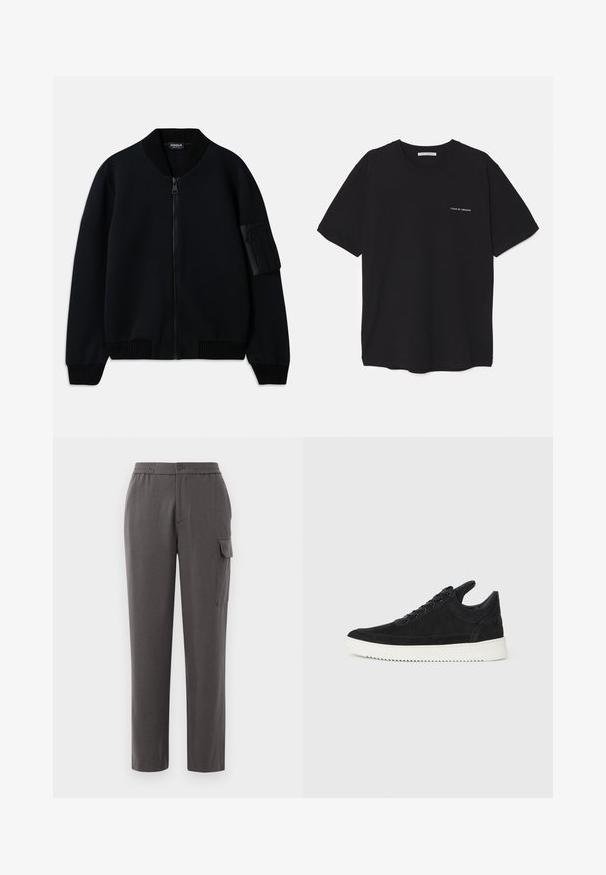 Giacca bomber nera con zip, colletto e polsini a coste, dotata di una tasca con zip sul braccio e una texture liscia.; T-shirt in cotone nero con collo rotondo, maniche corte e stampa bianca del logo sul lato sinistro del petto. Design semplice e monocromatico.; Pantaloni grigi con un fit rilassato, realizzati in un tessuto liscio. Presentano una chiusura con bottone, tasche laterali e una tasca cargo sulla gamba.; Sneaker in suede nero con suola in gomma bianca, caratterizzato da cuciture tonali e design con lacci. Texture liscia con una forma moderna e aerodinamica.