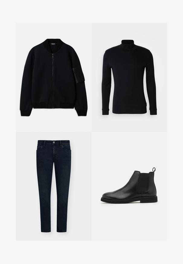 Black zip-up bomber jacket with ribbed collar and cuffs, featuring a zippered arm pocket and a smooth texture.; Black long-sleeve turtleneck shirt made of soft fabric. Features a fitted design with ribbed cuffs and a smooth texture. No patterns or logos.; Dark blue denim jeans with a slim fit, five-pocket design, button closure, and minimal fading. Flat front and narrow leg openings.; Black leather Chelsea boots with elastic side panels and a pull tab. Rounded toe and flat rubber sole, showcasing a smooth finish.