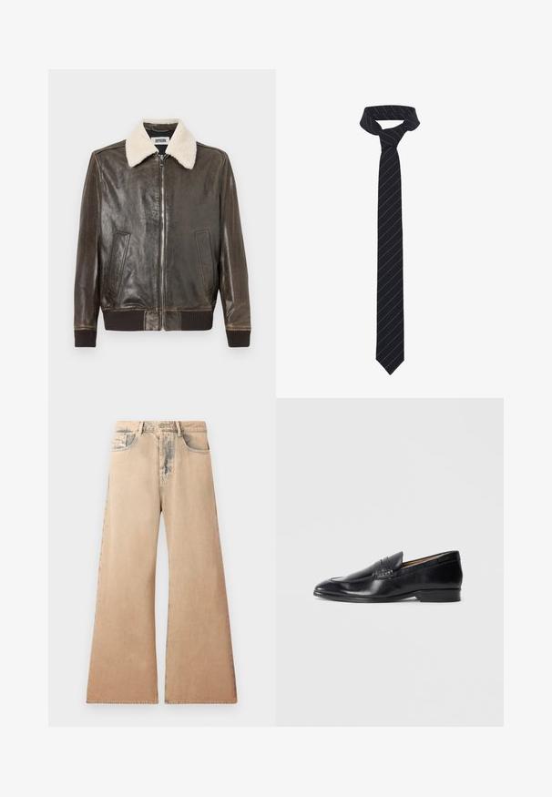 Brun læderjakke med en shearling-krave, frontlynlås, to sidelommer og ribbede manchetter og kant. Glat tekstur, afslappet design.; Hvid langærmet skjorte lavet af tekstureret stof, med klassisk krave, knaplukning foran og lige kant, i en afslappet pasform.; Beige brede jeans med falmet tekstur, fem-lomme design og syet detaljering langs sømmene. Midjebåndet har en traditionel knaplukning.; Sorte læderslipper med en glat overflade, spidse tæer og subtil stikningsdetalje. Har en flad hæl og prægede logo på siden.; Sort butterflyknude med diagonale blå striber, lavet af et glat stof. Har en spids ende og en knyttet løkke i toppen.