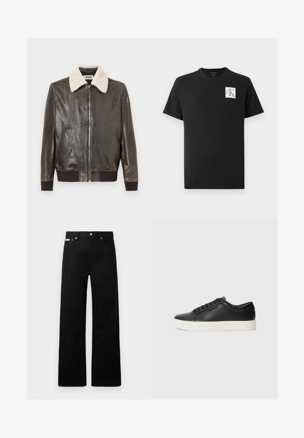 Giubbotto di pelle marrone con colletto in pelliccia, chiusura a zip frontale, due tasche laterali e polsini e orlo a coste. Texture liscia, design informale.; Maglietta in cotone nera con maniche corte e colletto rotondo. Presenta un logo quadrato bianco con "CK" in nero sul petto sinistro.; Pantaloni in denim nero con design a gamba larga, dotati di cinque tasche e hardware in metallo per i bottoni. Texture liscia, senza motivi visibili.; Sneaker nere in pelle con texture perforata, punta tonda e suola piatta in gomma bianca. Presentano lacci neri e un logo discreto sul lato.