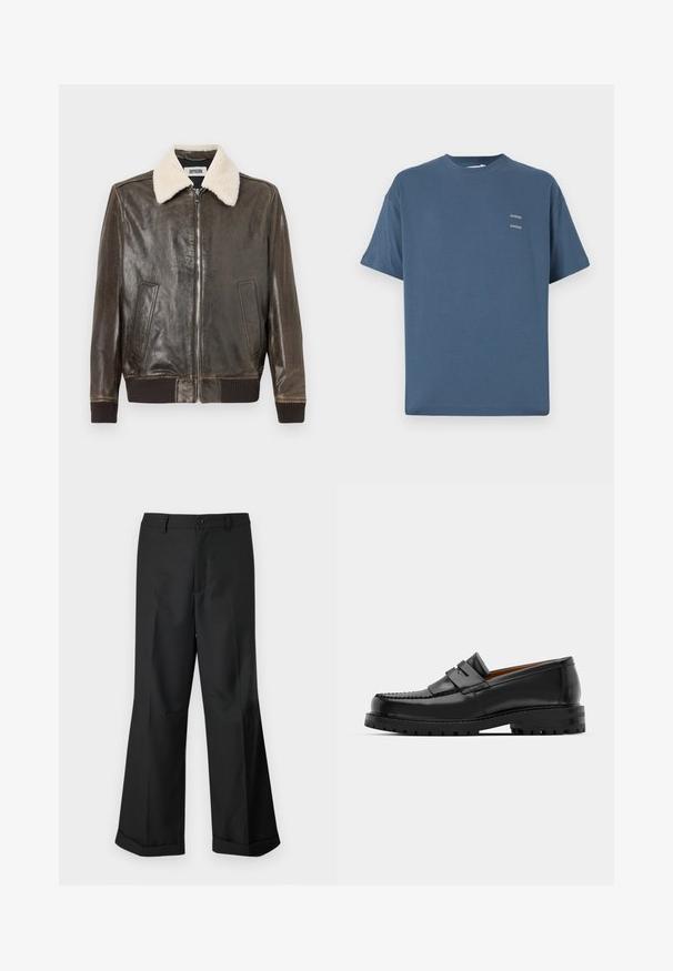 Brun læderjakke med en shearling-krave, frontlynlås, to sidelommer og ribbede manchetter og kant. Glat tekstur, afslappet design.; Blå bomulds t-shirt med klassisk rund hals, korte ærmer, afslappet pasform og to små trykte logoer på brystet. Glat tekstur.; Sorte vide benbukser med knappet talje og opslåede ben, præsenteret mod en ensfarvet hvid baggrund.; Sorte læder loafers har en forhøjet søm, to dekorative remme på overdelen og en tyk struktureret sål for bedre greb.