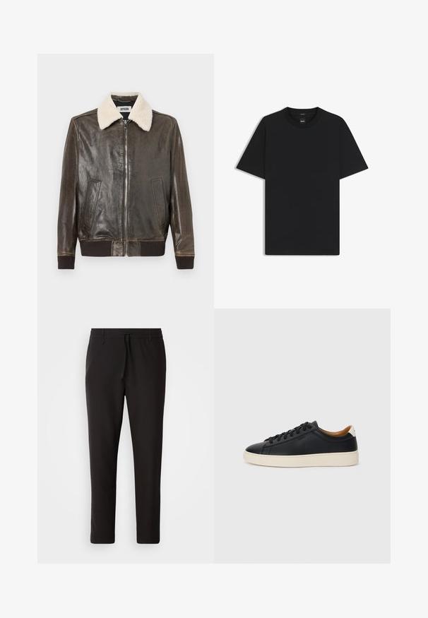 Brun læderjakke med en shearling-krave, frontlynlås, to sidelommer og ribbede manchetter og kant. Glat tekstur, afslappet design.; Sort kortærmet T-shirt lavet af en glat bomuldsblanding, med en rund halsudskæring og et minimalistisk design uden mønstre eller accenter.; Sorte joggebukser lavet af glat stof. Har en elastisk talje med snor, tætsiddende ben og ingen synlige lommer. Enkel design.; Sorte lædersneakers med en glat overflade, beige gummisål, snørebåndsdesign og en kontrastfarvet hæl.