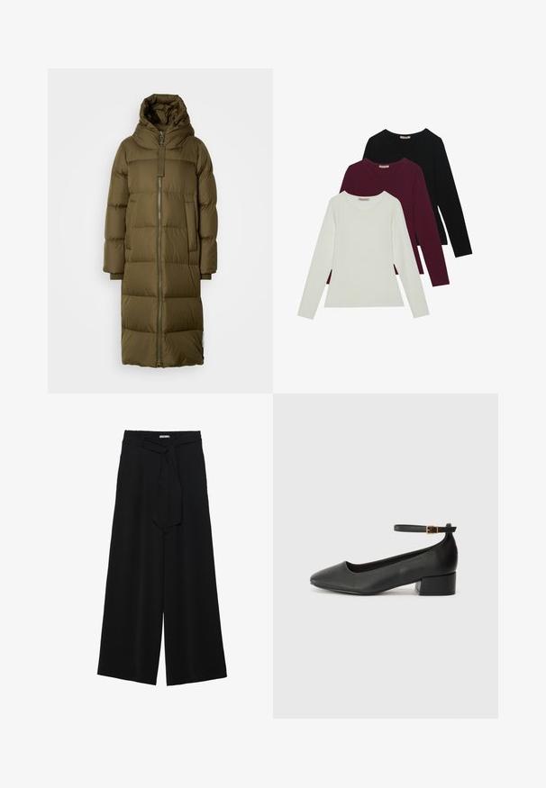Olivgrön puffjacka med huva, lång silhuett, framdragkedja, quiltad textur och sidofickor; ribbade ärmslut.; Långärmade t-shirts i vitt, vinrött och svart. Tillverkade av mjukt tyg med rund halsringning och figurnära design. Lämpliga för lager-på-lager.; Svarta vida byxor med texturerad tyg, elastisk midja och en avtagbar käppknut i midjan för justerbar passform.; Svart läderpump med spetsig tå och en låg klack. Har en ankelsnodd med en guldtonad spänne. Slät textur.