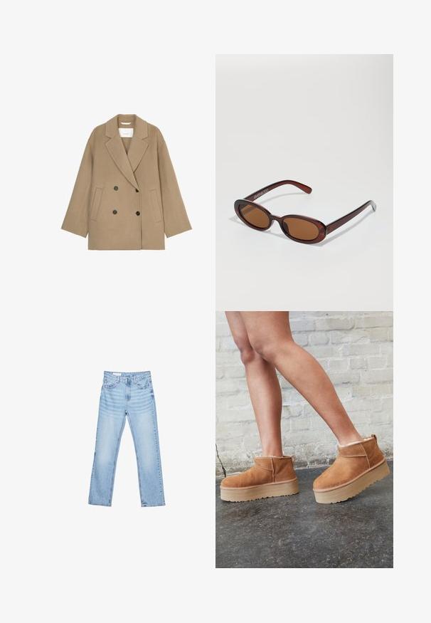 Kerman pehmeästä kankaasta valmistettu ylisuuri kaksirivinen takki, jossa on leveät kaulukset, kaksi nappia ja sivutaskut.; Musta poolapüksi kootud pehmest kangast. Omab pikki varrukaid ja õiget kujundust sirge allääriga.; Vaaleansiniset farkut suoran leikkauksen, viiden taskun muotoilun ja näkyvän ompelun kanssa. Keskikorkea vyötärö, jossa on perinteinen nappi- ja vetoketjukiinnitys.; Ruske mokasine do gležnja od nubuk kože s mekim podstavom, debelim bež platformama i stražnjim držačem. Teksturirana površina s vidljivim detaljima šavova.; Pyöreät, ruskehtavat aurinkolasit, joissa on kiiltävä burgundinpunainen runko. Kapeat sivut, joissa on hienovarainen brändäys. Litteät linssit.; Mustat tilkkutaskut, joissa on kultainen kolmion logo, kaksinkertainen ketjuhihna ja sileä nahkatunne. Suorakulmainen muoto, jossa on läppäkansilukko.