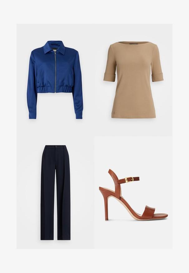 Krótkia niebieska kurtka z gładkiego materiału, z kołnierzykiem, suwakiem z przodu, kieszeniami bocznymi oraz elastycznym ściągaczem na dole.; Beżowy top z krótkim rękawem i okrągłym dekoltem, z podwiniętymi mankietami i gładką teksturą. Mały detal z logo w pobliżu dołu.; Granatowe spodnie o szerokich nogawkach z plisami, zapinane na guzik, o gładkiej fakturze materiału. Zaprojektowane z myślą o luźnym, komfortowym dopasowaniu.; Brązowe skórzane sandały na wysokim obcasie o eleganckim wzornictwie, z regulowanym paskiem na kostkę i subtelnym akcentem w postaci złotego zapięcia. Otwarty przód i gładka faktura.