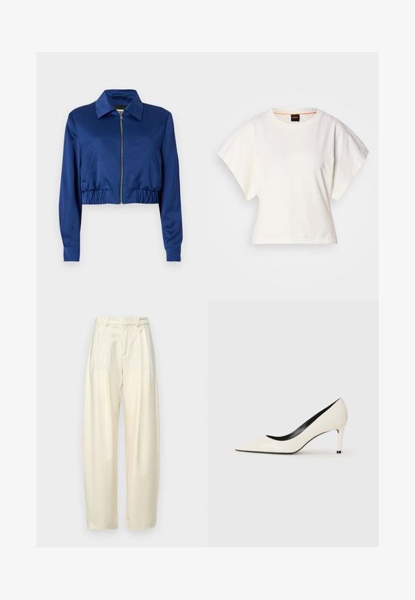 Ingekorte blauwe jas van gladde stof, met een kraag, een rits aan de voorkant, zijzakken en elastische gathers aan de onderkant.; Witte gecropte T-shirt, korte brede mouwen, zachte katoenmaterialen, ronde halslijn met subtiele oranje rand, minimalistisch ontwerp, geen patronen of graphics.; Plooibare, hoge taillebroek van licht crèmekleurige stof. Heeft een rechte_snit en een soepele textuur. Geen zakken of zichtbare hardware.; Witte gepatineerde leren hoge hakken met een puntige neus, slanke hak en zwarte interieurafwerking. Gladde textuur en stijlvolle uitstraling.