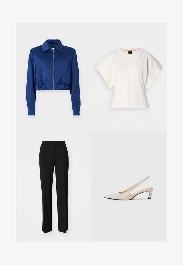 Jachetă croită de culoare albastră, confecționată dintr-un material neted, cu guler, închidere frontală cu fermoar, buzunare laterale și elastic la tiv.; Tricou alb scurt, cu mâneci scurte și largi, din bumbac moale, cu decolteu rotund și un finisaj subtil portocaliu, design minimalist, fără modele sau grafice.; Pantaloni negri tailor-ed cu un design drept, având o textură fină și cute clare pe față. Fără elemente de prindere vizibile.; Pantof cu varf ascuțit și bretea în spate, din piele bej, având un design cu decupaje, toc bloc de 5 cm și o textură netedă. Accente negre pe talpă.