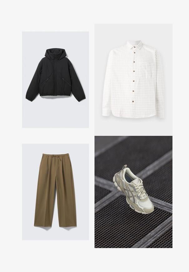 Schwarze Steppjacke mit Kapuze, ausgestattet mit einem Frontreißverschluss, elastischen Bündchen und zwei schrägen Reißverschlusstaschen an den Seiten. Glatte Textur und cropped Design.; Weißes Hemd mit Knöpfen und einem Karomuster in Marineblau, ausgestattet mit einer Brusttasche, abgerundetem Saum und Holzknöpfen. Leichtes Material.; Weite Hosen in Olivgrün, hergestellt aus weichem Stoff mit einem elastischen Bund und verstellbarem Kordelzug. Mit zwei Seitentaschen.; Beige Turnschuhe mit einem strukturierten Mesh-Obermaterial, subtilen grauen Akzenten und einer gepolsterten Zunge. Rundes, gepolstertes Sohlen-Design für Komfort.