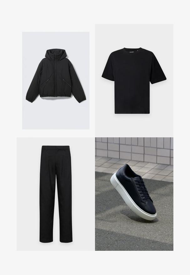 Juodas pūkuotas švarkas su gobtuvu, su priekyje esančiu užtrauktuku, elastingomis rankovėmis ir dviem kampuotais užtrauktukais šoninėse kišenėse. Lygus paviršius ir trumpas dizainas.; Juodas trumpas rankovėmis T-marškiniai su apvaliu kaklu, atsipalaidavusio silueto, pristatyti ant baltos fono.; Juodi kelnių modeliai, pagaminti iš lygios medžiagos, turi tiesią kojas, du priekiniai klostės ir standartinę juosmenį su diržo kilpomis.; Juodas odinis sportbačius su apvaliu pirštu ir baltu gumuotu padu. Turi plokščias raišteles ir minimalų siuvimą viršuje. Padangos tekstūra užtikrina sukibimą.