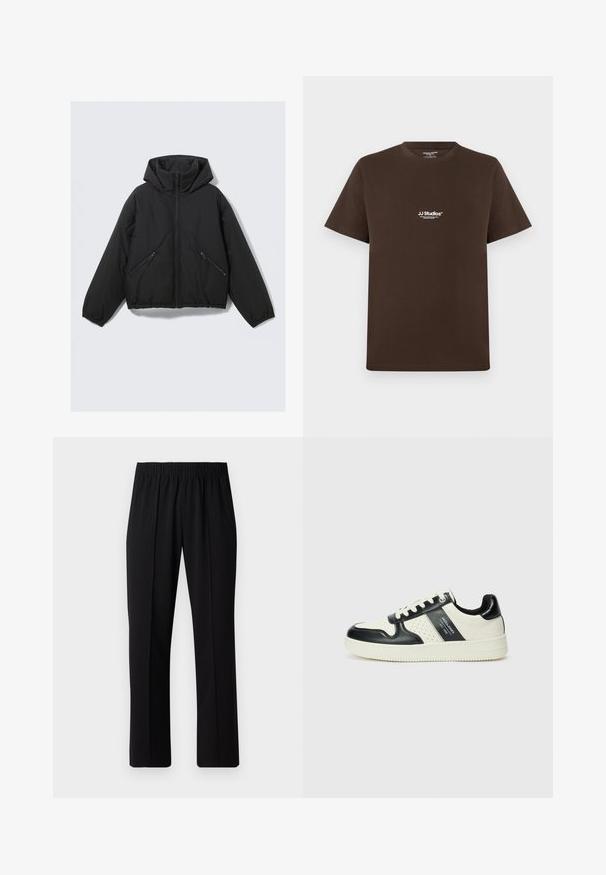 Black puffer jacket with a hood, featuring a front zipper, elastic cuffs, and two angled zippered side pockets. Smooth texture and cropped design.; Brown cotton t-shirt with short sleeves, round neck, and a small white logo on the chest. Smooth texture and regular fit.; Black, elastic-waist trousers with a straight-leg design, featuring a smooth texture and no visible patterns or hardware.; Leather sneakers with a black and cream color scheme, featuring perforated accents, a padded collar, and a textured outsole.
