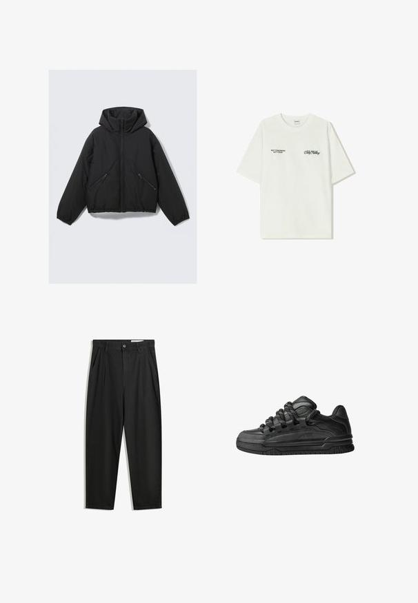 Zwarte gewatteerde jas met een capuchon, voorzien van een rits aan de voorkant, elastische manchetten en twee schuin geplaatste ritszakken aan de zijkant. Glad materiaal en cropped ontwerp.; Witte katoenen T-shirt met korte mouwen. Aan de voorkant staat in zwarte tekst: "NIET MORGEN NIET VANDAAG" en "DE KUNST VAN VUIL VERPLAATSEN" in groene cursieve letters.; Zwarte katoenen broeken met een losse pasvorm, voorzien van een klassieke tailleband, voorplooien en zijzakken. Gladde structuur zonder patronen.; Zwarte sneakers met een glad leren bovenwerk, gearceerde accenten en ronde zwart-witte veters. Dikke rubberen zool met een geprofileerd loopvlak.