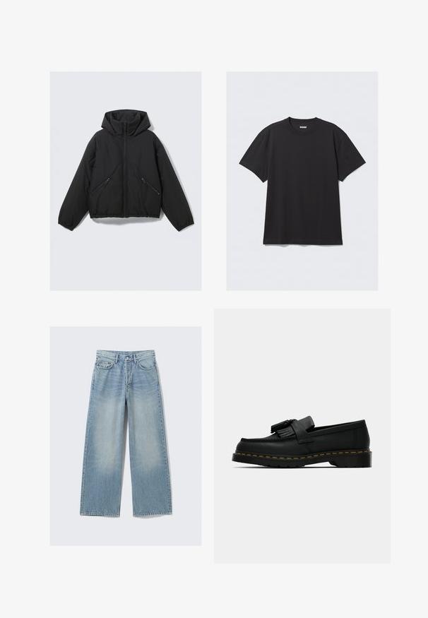 Doudoune noire avec une capuche, dotée d'un zip sur le devant, de poignets élastiques et de deux poches latérales zippées en biais. Texture lisse et design courte.; T-shirt noir à manches courtes en coton. Il présente un col rond et une coupe décontractée. Design simple sans motifs ni accents visibles.; Jeans en denim bleu clair à jambes larges, présentant un délavage dégradé, cinq poches et des rivets métalliques ; silhouette droite avec un ourlet net.; Mocassin en cuir noir avec des glands, surpiqûre jaune le long de la semelle et une semelle extérieure en caoutchouc épaisse et striée.